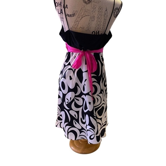 Vintage Le Château Silky A Line Black White Floral Pink Sash Tie Mini Dress - Picture 3 of 5